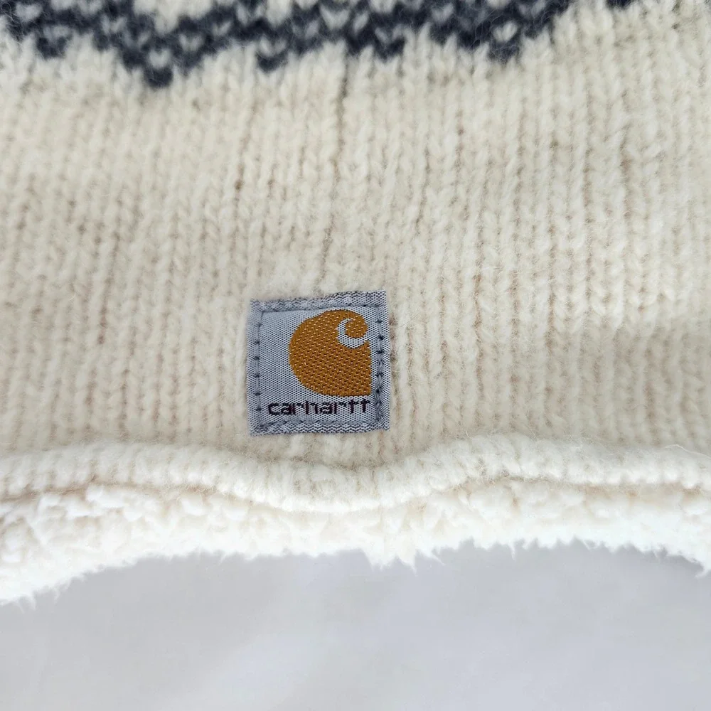 Carhartt Womens Picket Sherpa Lined Knit Earflap Hat Cream Fair Isle Lambswool